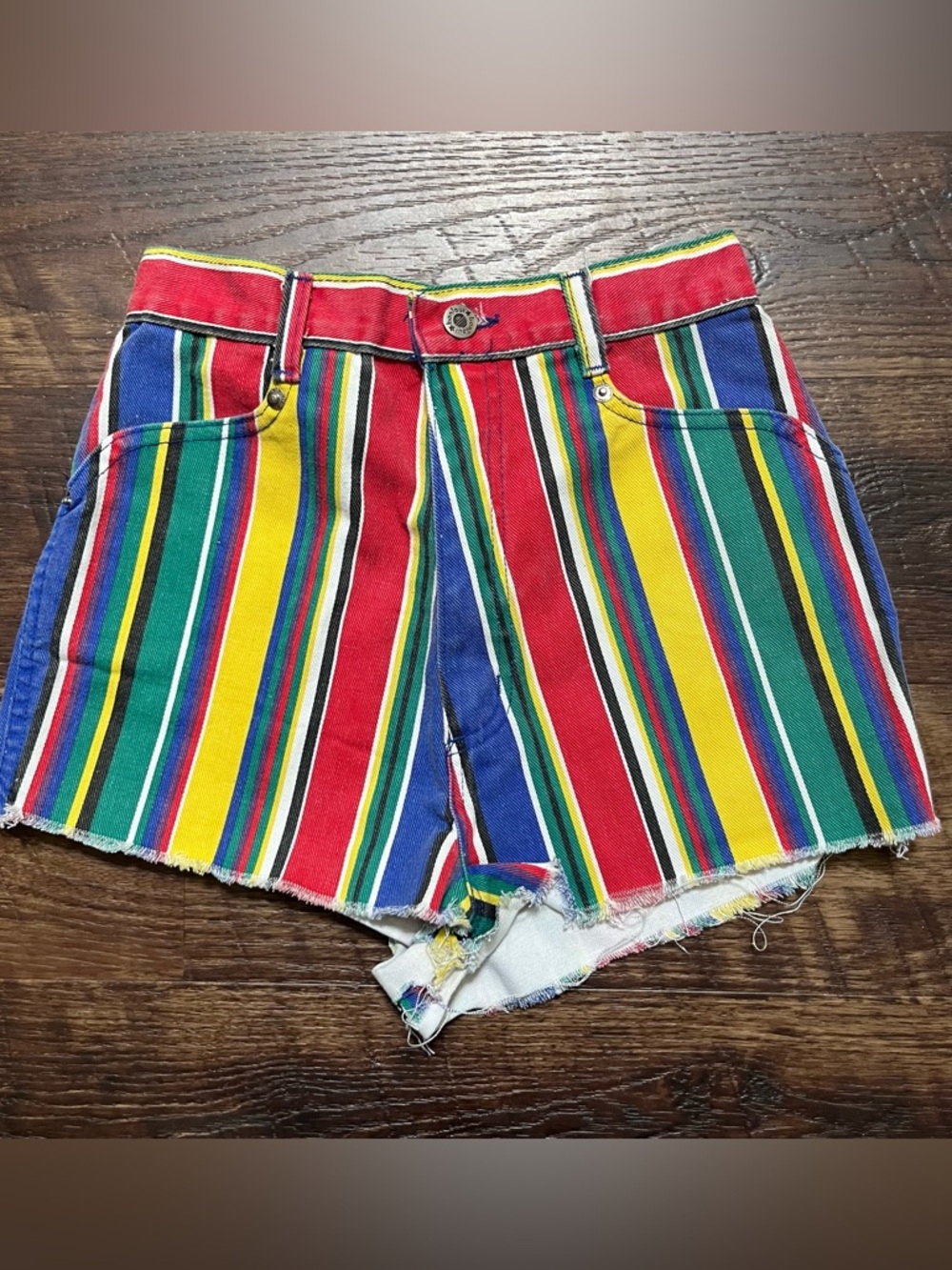 Vintage Bonjour denim Jean rainbow striped cutoff high rise shorts 24” waist